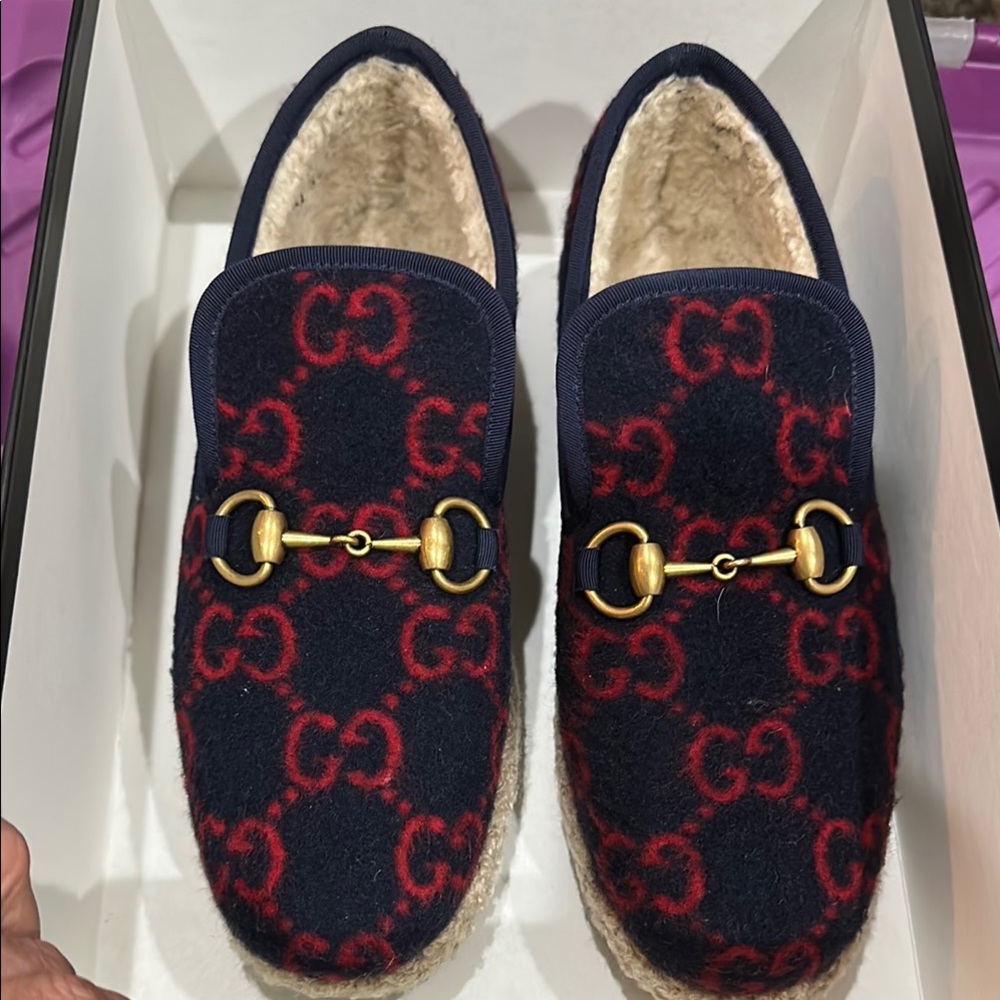 Gucci Wool Loafers in Navy and Red with Gold Hardware NWT